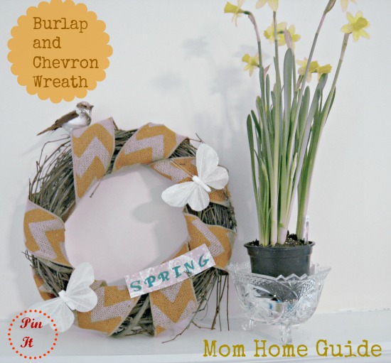 tweet chevron bird and butterfly spring wreath, crafts, seasonal holiday decor, wreaths, Spring wreath crafted with a grapevine wreath wired chevron burlap ribbon and craft butterflies and bird The sign was created with scrapbook paper