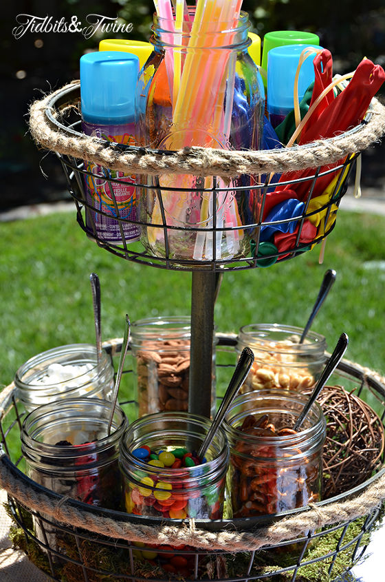 diy backyard campout birthday party, crafts, outdoor living, repurposing upcycling, woodworking projects, A trail mix station and party favors The silly string war was a ton of fun for the kids but a bit messy for me to clean up