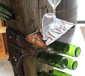 salvaged industrial wine caddy, painted furniture, woodworking projects, The little service area Those holes were not fun to drill I called in a friend with a super fun power drill and made some Tim the Tool man noises while it tore through the old beam HAHAA Fun