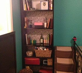 diy change bookshelf color add a little pizzazz, AFTER And now back in her bedroom Not sure why it has this pinkish hue it is a true gray white print Looks so good with her black furniture beautiful turquoise think of Greek islands walls