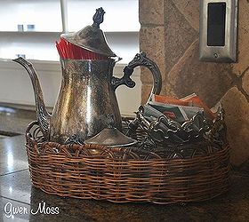 my white kitchen tour, home decor, kitchen backsplash, kitchen design, kitchen island, I like to use vintage silver pieces for everyday use Here coffee stir sticks sugars and teas are in a basket next to the coffee pot