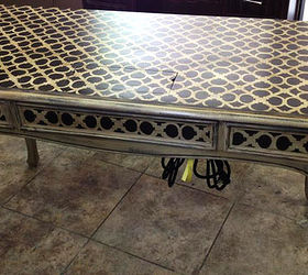 stencil your tabletops with cutting edge stencils, painted furniture, Hand Forged Stenciled Tabledlops