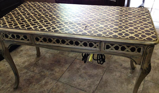 stencil your tabletops with cutting edge stencils, painted furniture, Hand Forged Stenciled Tabledlops