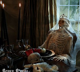 haunted halloween dining room, halloween decorations, seasonal holiday d cor, Skeletons draped in cheesecloth
