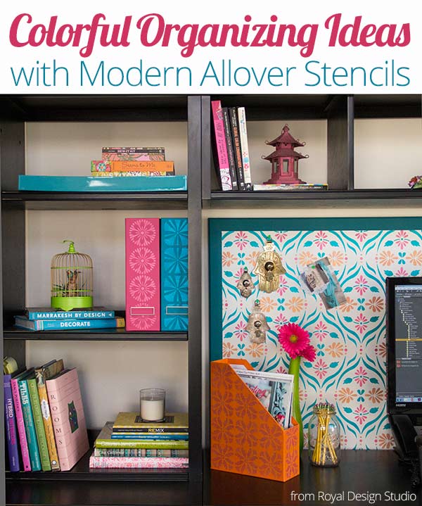 colorful diy stencil ideas for a stylish desk organization project, craft rooms, home office, organizing, painted furniture, Colorful Organizing Ideas with Modern Allover Stencils by Royal Design Studio Stencils