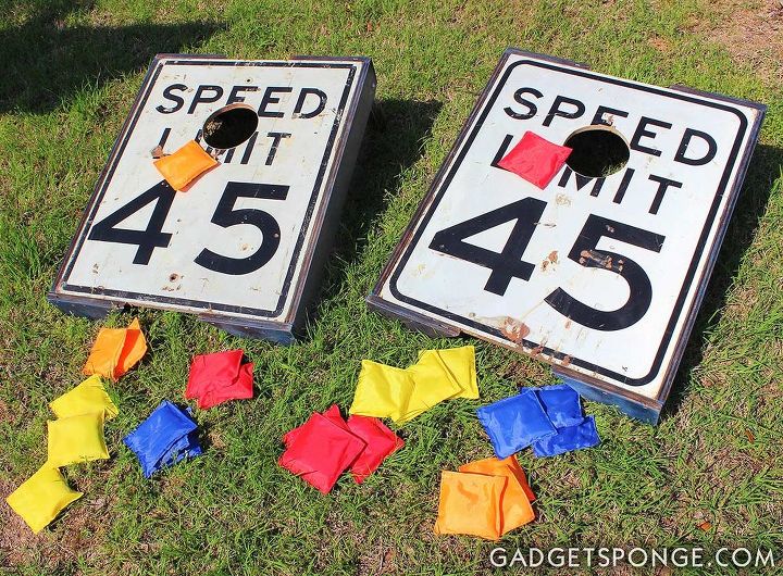 repurposed speed limit signs cornhole game boards, outdoor living, repurposing upcycling