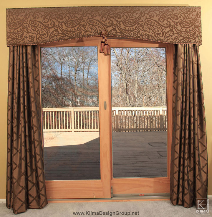 sliding door window treatment, doors, home decor, patio, Olive green fabric of the patio door cornice and draperies works with the creamy paint colors
