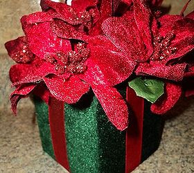 crafty christmas bouquets for teachers, christmas decorations, crafts, seasonal holiday decor, A Dollar store velvet gift box and velvet poinsettia sprigs Just simply glue the florist foam on the bottom of the inside of the box Cut to fit the sprigs in the foam then glue them in making the arrangement Done