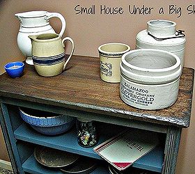 19th century jelly cupboard transformation, chalk paint, painted furniture, repurposing upcycling, The blue cupboard was perfect for showing off some of my vintage crock collection and blue mixing bowl sets