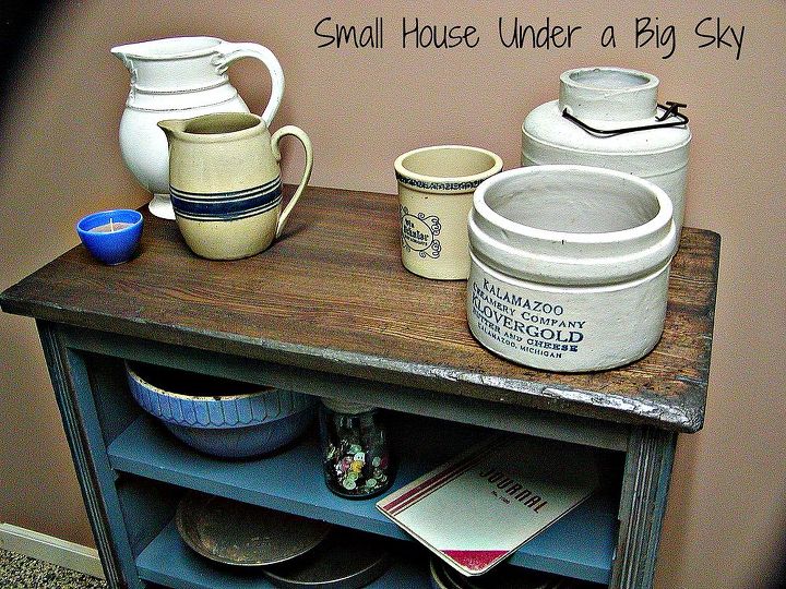 19th century jelly cupboard transformation, chalk paint, painted furniture, repurposing upcycling, The blue cupboard was perfect for showing off some of my vintage crock collection and blue mixing bowl sets