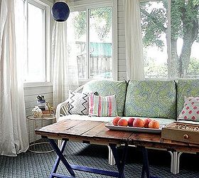 diy sunroom makeover, home decor, painted furniture, DIY pendant lamp sewn sheers and DIY curtain rods and hardware