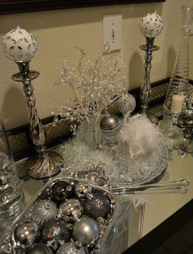 easy to create winter white vignette for the holidays, christmas decorations, seasonal holiday decor, In the center a silver tray silver and white garland a small vase 2 small candlesticks