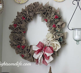 how to make a burlap christmas wreath from coffee sacks, christmas decorations, crafts, seasonal holiday decor, wreaths, ribbon and ribbon rosettes add charm to the wreath