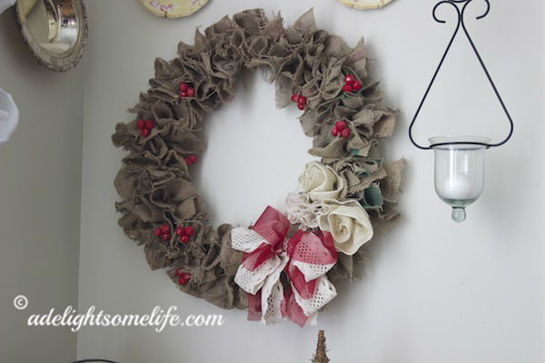 how to make a burlap christmas wreath from coffee sacks, christmas decorations, crafts, seasonal holiday decor, wreaths, ribbon and ribbon rosettes add charm to the wreath