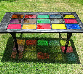 how to repurpose a glass door into a colorful table, painted furniture, repurposing upcycling, I love the way the light reflects the colors on the ground My kids are enchanted by it as well and it adds to the whimsy of our little garden spot
