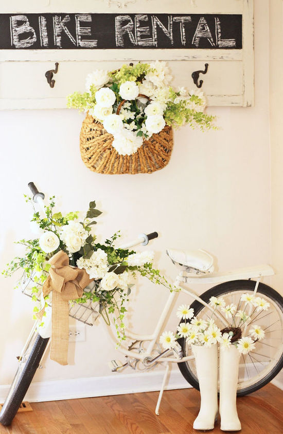 vintage summer garden, flowers, gardening, outdoor living, repurposing upcycling, Sometimes you can bring your garden indoors too I have this old vintage bike inside my dining room area heading out to the back garden I love to take old vintage things like this bike and re purpose them into my home decor
