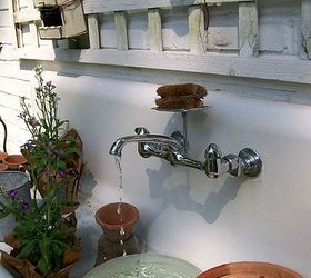 my favorite garden repurpose potting sink fountain, gardening, outdoor living, seasonal holiday decor, thanksgiving decorations, Our 1916 cast iron sink now serving as a fountain and potting bench