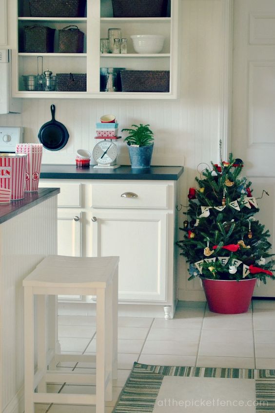 a little vintage a little natural and a whole lot of cheer my holiday farmhouse, christmas decorations, kitchen design, seasonal holiday decor, A fresh tree in the kitchen makes for a fun and festive touch