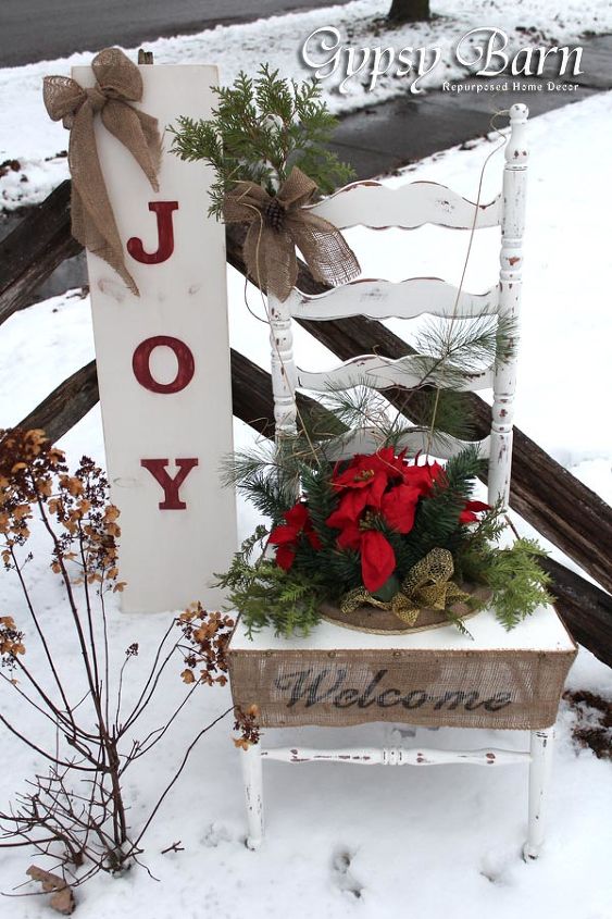 chair for charity creation, christmas decorations, repurposing upcycling, seasonal holiday decor, I sunk an old burlap bag into the hole and secured it with some nails glue and a rope to clean up the edges a little Then called my gal pal Vickie to work her fru fru i fying magic on the centre piece