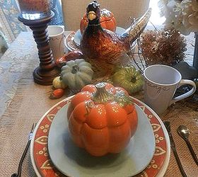 decorating a blue breakfast room for fall, seasonal holiday decor, Layered plates white paisley rust blue bowls and an orange pumpkin tureen