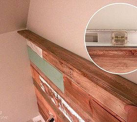 how to install a scrap wood wall, diy, home decor, pallet, wall decor, woodworking projects, To install a ledge cut your ledge to the same width as the row beneath it Lay it on top of the last row and check that it is level