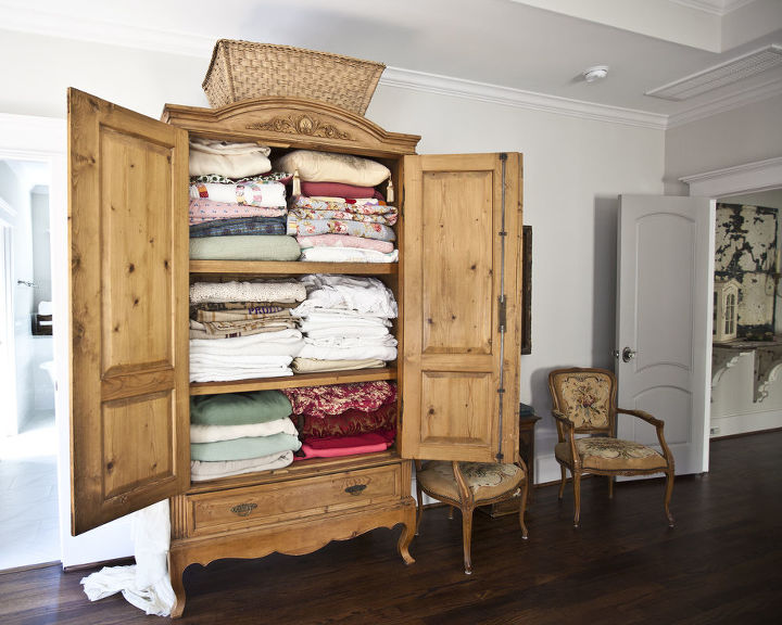 use an armoire as a linen closet, cleaning tips, closet, home decor, painted furniture, antique armoire filled with vintage linens and quilts