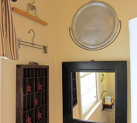 decorating a small bathroom, bathroom ideas, home decor, small bathroom ideas, A few more hangers a printer s tray camp or wood stove griddle and a rustic black mirror