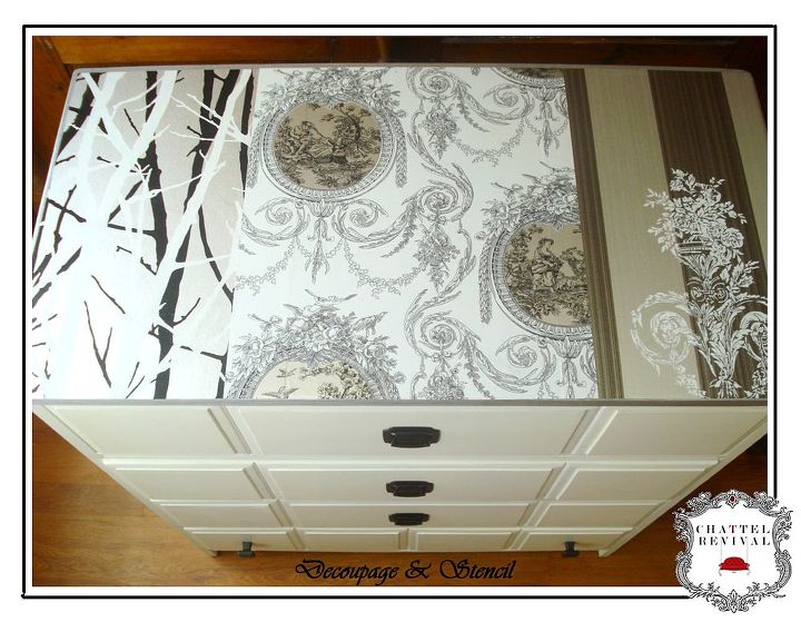 drab to delightful dresser revival, painted furniture, Love this My pal works for a large paint company which sells Wallpaper I could never afford a roll of She gave me a book and I selected three designs to apply to the surface