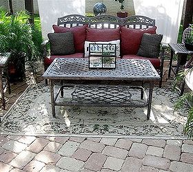 stenciled rug, flooring, home decor, outdoor living, painting, My before rug been outside for about 8 years and has seen better days