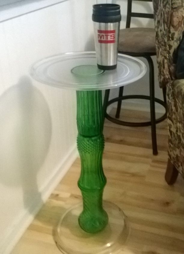 don t throw that green flower vase away make a side table from it, painted furniture, repurposing upcycling, Start with the base alternate silicone and glass Stack it and let it dry
