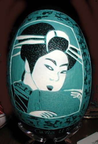 carved emu eggshells, home decor, Japanese Lady