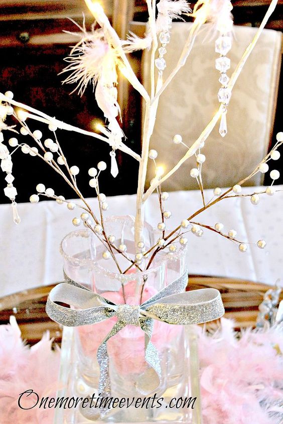 valentine centerpiece, crafts, seasonal holiday decor, valentines day ideas, Using LED branch lighting and adding faux crystals with pink feathers