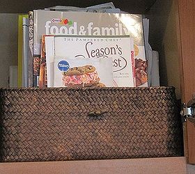 kitchen organization, closet, diy, shelving ideas, storage ideas, woodworking projects, I used a small basket inside a cabinet to hold cooking magazines