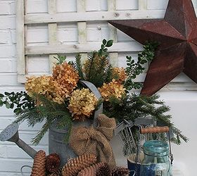my favorite garden repurpose potting sink fountain, gardening, outdoor living, seasonal holiday decor, thanksgiving decorations, Winter dried hydrangeas pine cones and a rusty star