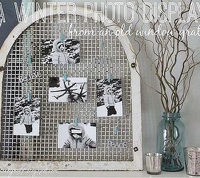 a wintery photo display from an old window grate, home decor, repurposing upcycling, A wintery photo display perfect for a January mantel