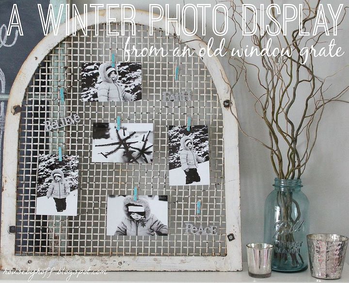a wintery photo display from an old window grate, home decor, repurposing upcycling, A wintery photo display perfect for a January mantel