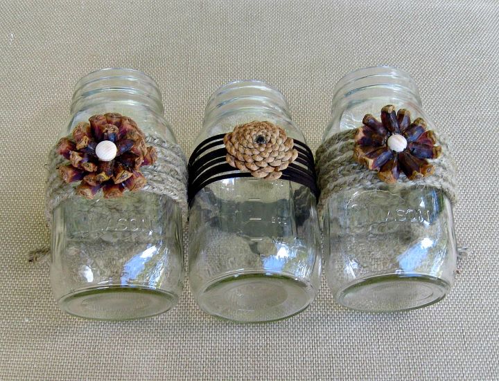 creating pine cone flowers for fall decorating, crafts, mason jars, seasonal holiday decor, thanksgiving decorations, We used jute twine and leather to wrap the mason jars before adhering the pine cone flowers