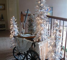 a winter vignette, christmas decorations, seasonal holiday decor, I created a winter vignette with my German goat wagon using silver trees from Hobby Lobby lace gold silver accents and fake snow