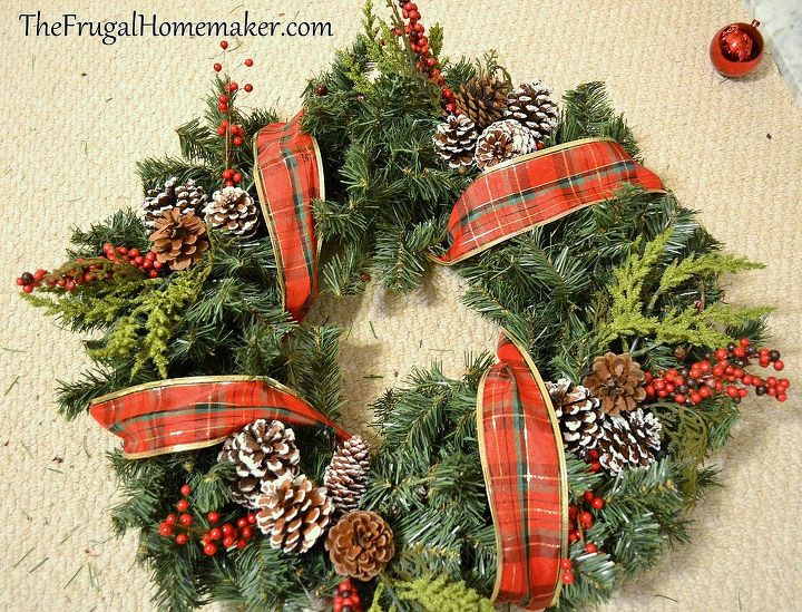 faux christmas evergreen wreath, crafts, wreaths, ribbon and a bow and you are done