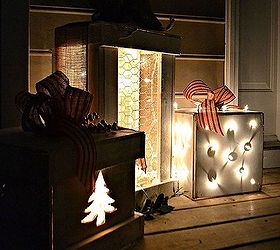 make pretty light up wooden presents for your porch, lighting, porches, seasonal holiday decor, I chose the designs for each by using what I had on hand to create them dremel drill saws nail gun staple gun and left over chicken wire