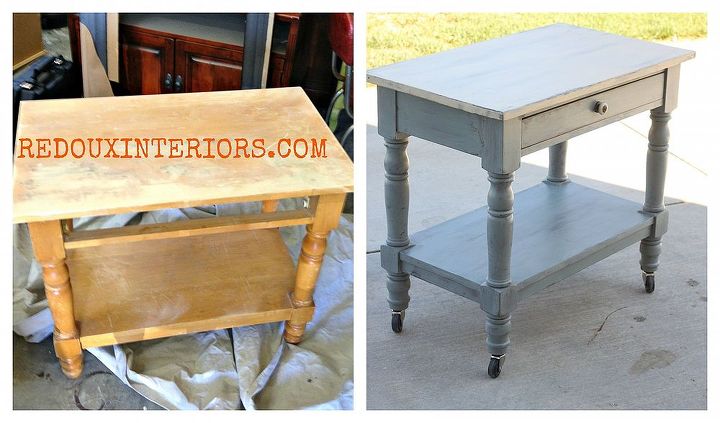 upcycle your table to a rolling kitchen island or work table, painted furniture, repurposing upcycling, woodworking projects, Solid but dated Side table gets wheels CeCe Caldwell s Smoky Mountain and Omaha Ochre plus wheels transforms it
