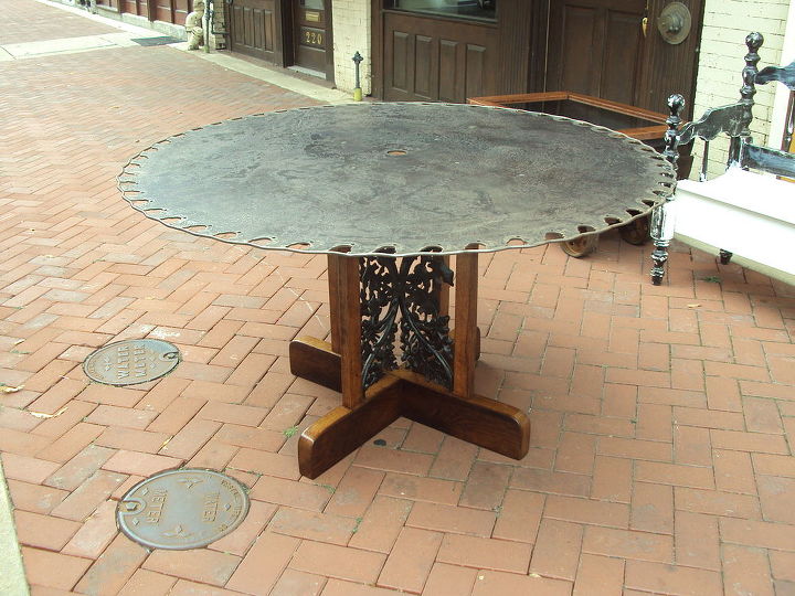 saw blade table with architectural salvage base, painted furniture, repurposing upcycling