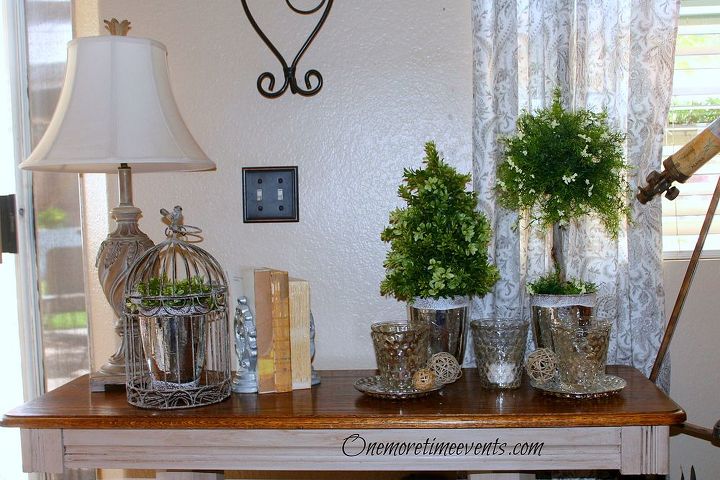 how to create indoor boxwood and juniper topiaries, crafts, gardening, home decor, Creating a vignette with homemade Topiaries To see full tutorials on how to make your own topiaries you can visithttp www onemoretimeevents com 2014 01 indoor boxwood buxus and juniper html