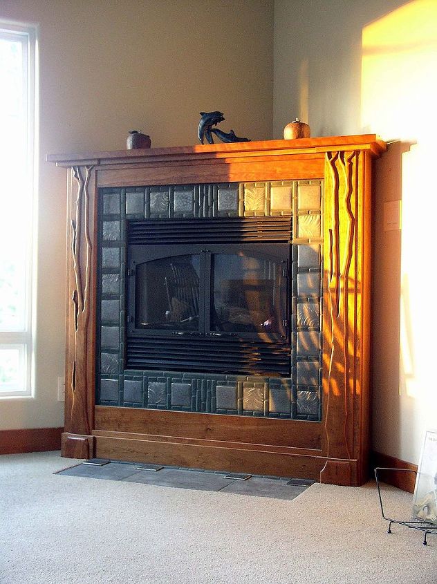 heistand designs and woodwork, products, woodworking projects, Carved cherry and Motawi tiles surround a fireplace