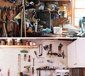 organized garage and workshop, garages, organizing, storage ideas, Before and after of painted and organized pegboard