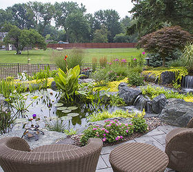 who doesn t want a backyard paradise, gardening, outdoor living, ponds water features, Comfy patio seating provides an up close view of the pond