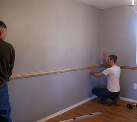 how to install chair rail with only 1 tool, diy, home decor, how to, tools, wall decor, It took 2 people to shimmy the pieces of chair rail into place