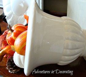 our 2012 fall dining room, dining room ideas, seasonal holiday decor, A cream urn turned on its side to mimic a cornucopia with Fall embellishments spilling out