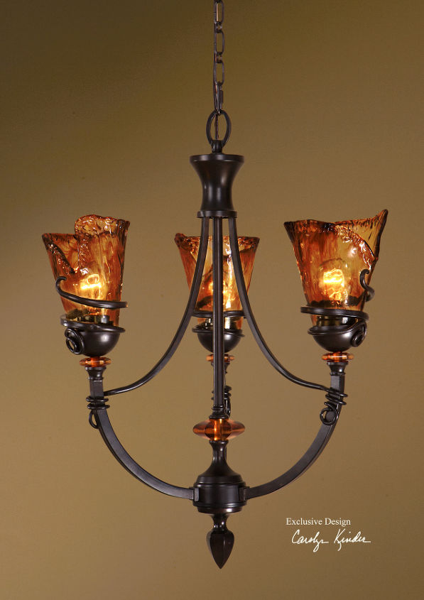 pendants and chandeliers, Vitalia 3 Light Chandelier by Uttermost Hand wrought oil rubbed bronze metal curls around heavy hand made amber glass