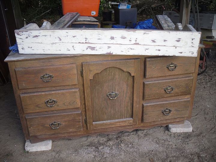 filthy old dresser buffet give new shabby white finish, painted furniture, I only used the old dresser as surface to refinish an old mantel I didn t think it would be anything more that a pile of scrap lumber